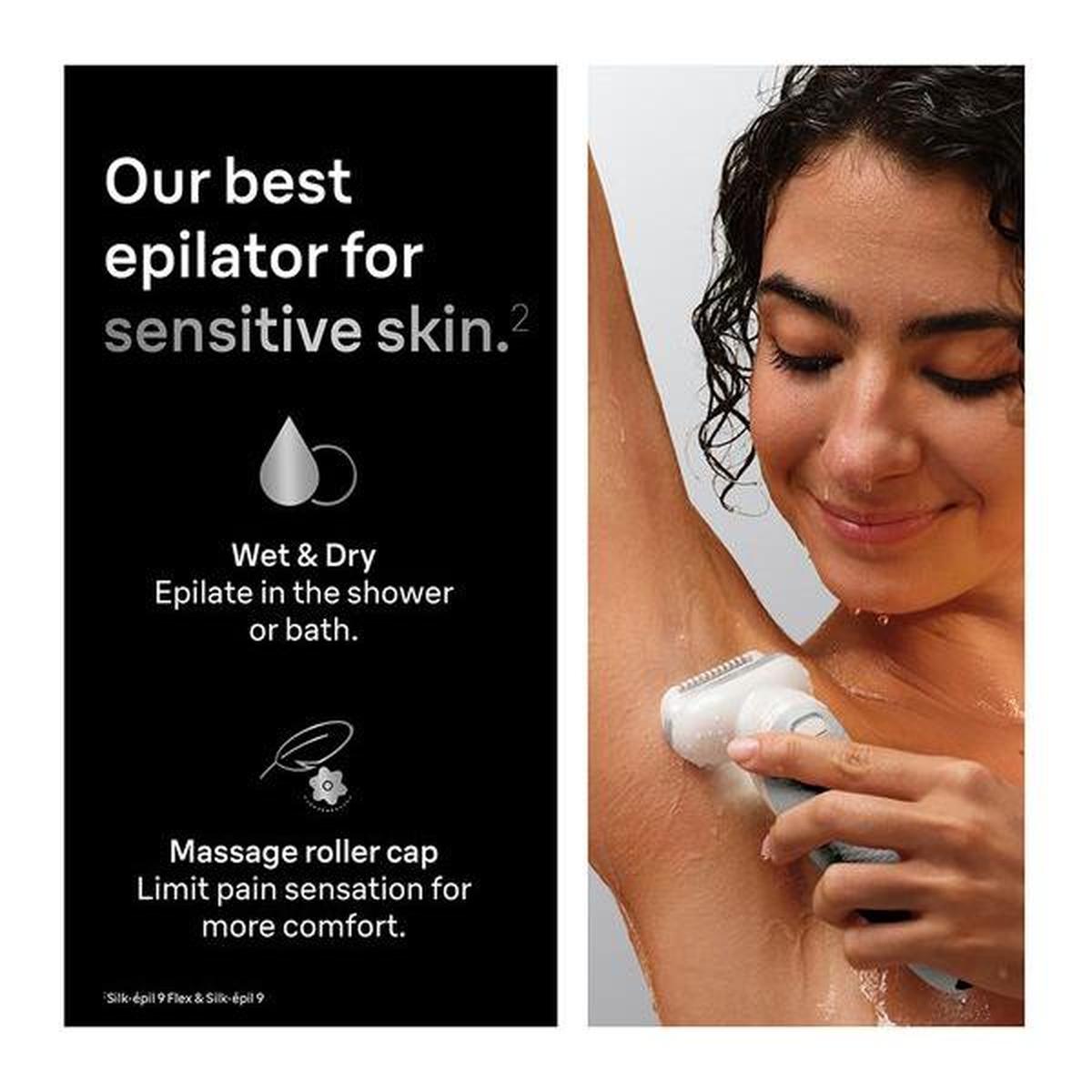 Silver Braun Silk-épil 9 wet and dry epilator with massage roller cap being used in the shower for sensitive skin.