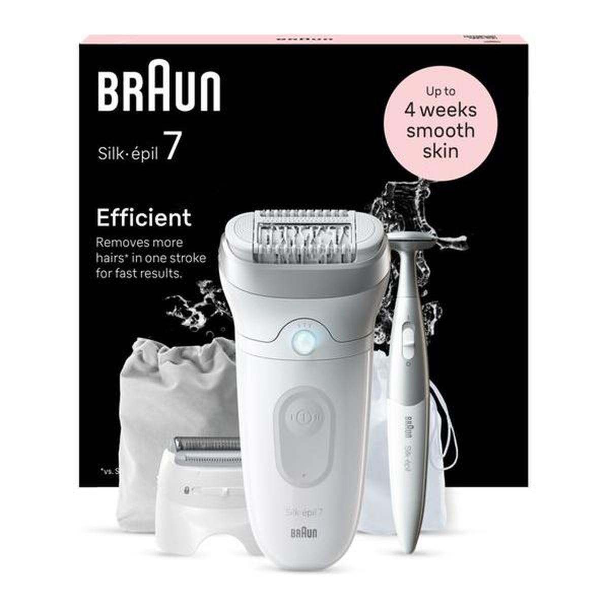 Braun Silk-épil 7 wet and dry epilator in white and grey with attachments, trimmer, and storage pouch in product box.