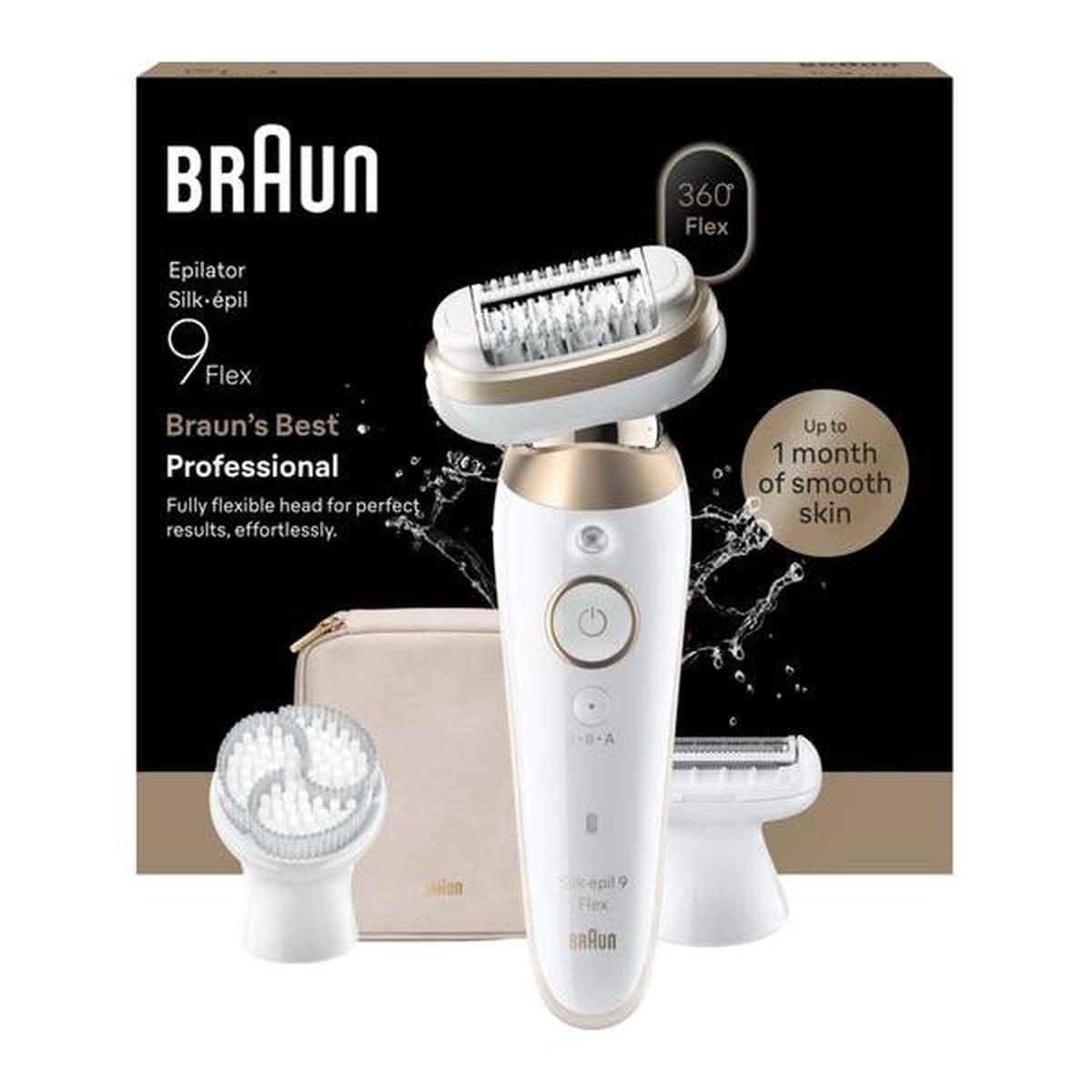 Braun Silk-épil 9 Flex gold epilator with a 3D flexible head, attachments, and storage pouch in front of its product box.
