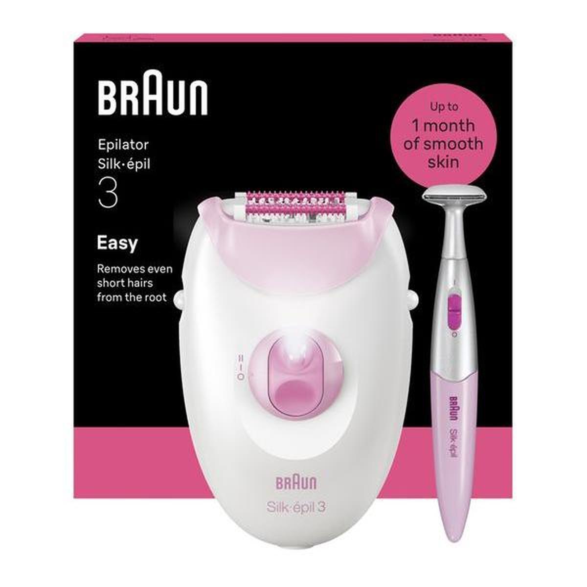 Braun Silk-épil 3 epilator and pink bikini trimmer set in white and pink packaging.