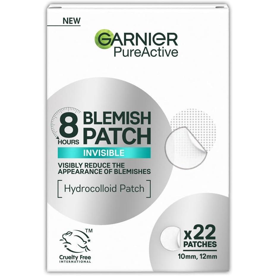 Garnier PureActive hydrocolloid blemish patch packaging with 22 invisible spot treatment stickers in 10mm and 12mm sizes.