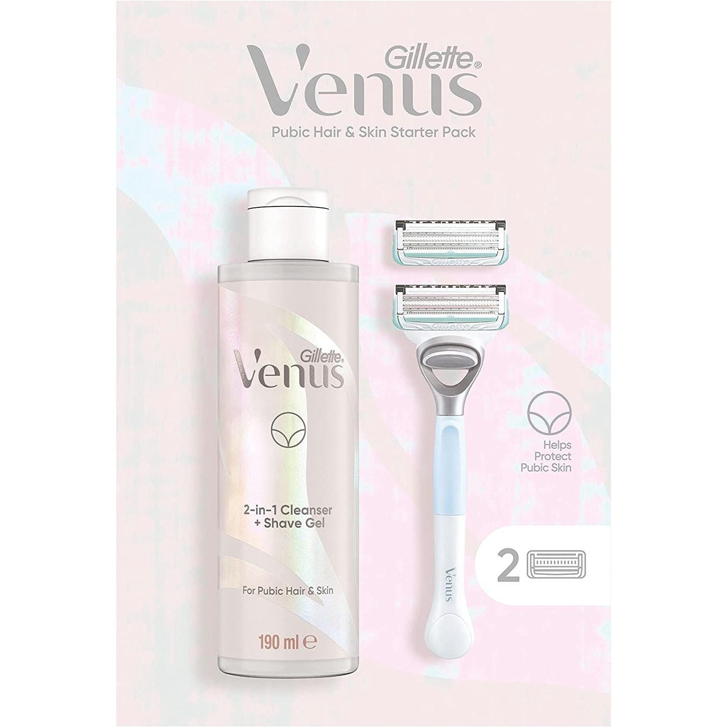 Gillette Venus for Pubic Hair & Skin Women's Razor, 2 Blade Refills and 2in1 Shave Gel and Cleanser 190ml