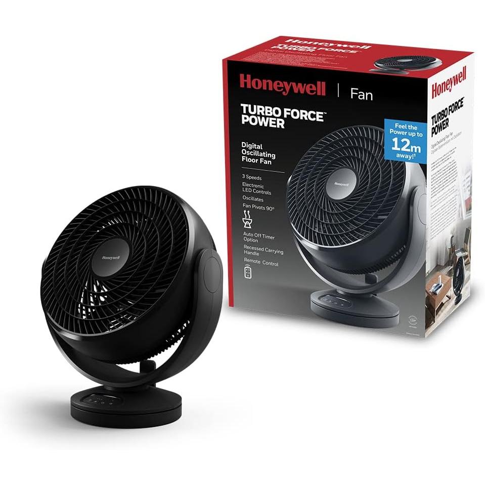 Honeywell Turbo Force Digital Oscillating Floor Fan 3 Speeds and 90 Degree Pivot), Black, (HF715BEV1)