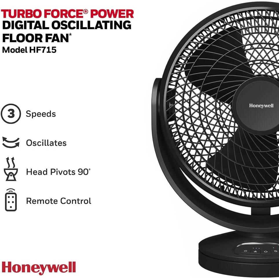 Honeywell Turbo Force Digital Oscillating Floor Fan 3 Speeds and 90 Degree Pivot), Black, (HF715BEV1)