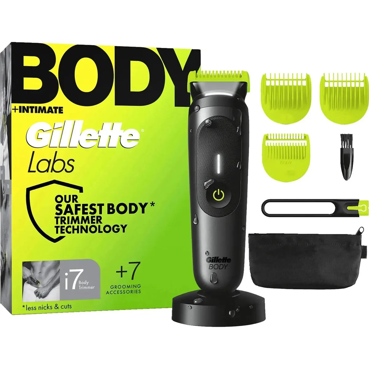 Gillette Labs i7 body trimmer in black with lime green accents, charging base, three guide combs, brush, and storage pouch.