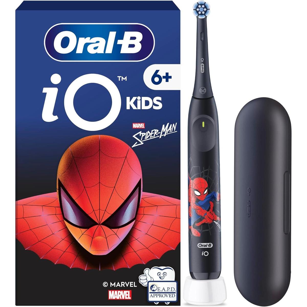 Oral-B iO Kids Marvel Spiderman Electric Toothbrush, with Travel Case, 3 Modes with Kid-Friendly Sensitive Mode, 2-Min Music Timer, for Ages 6+