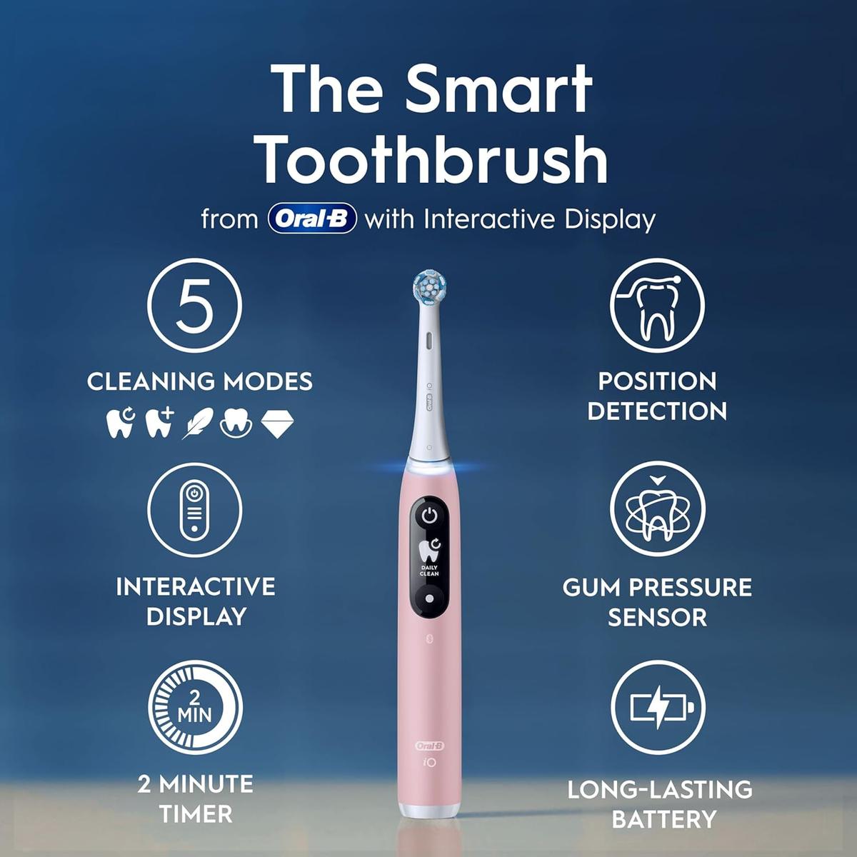 Blush pink Oral-B iO5 electric toothbrush with interactive display, five cleaning modes, and smart pressure sensor features.