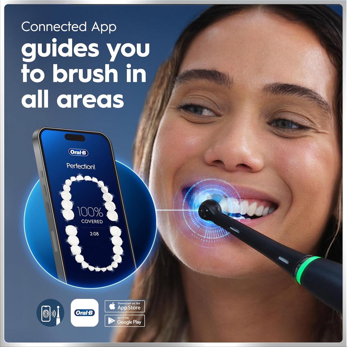 Woman using a black Oral-B iO6 electric toothbrush with a smartphone app showing real-time brushing coverage tracking.