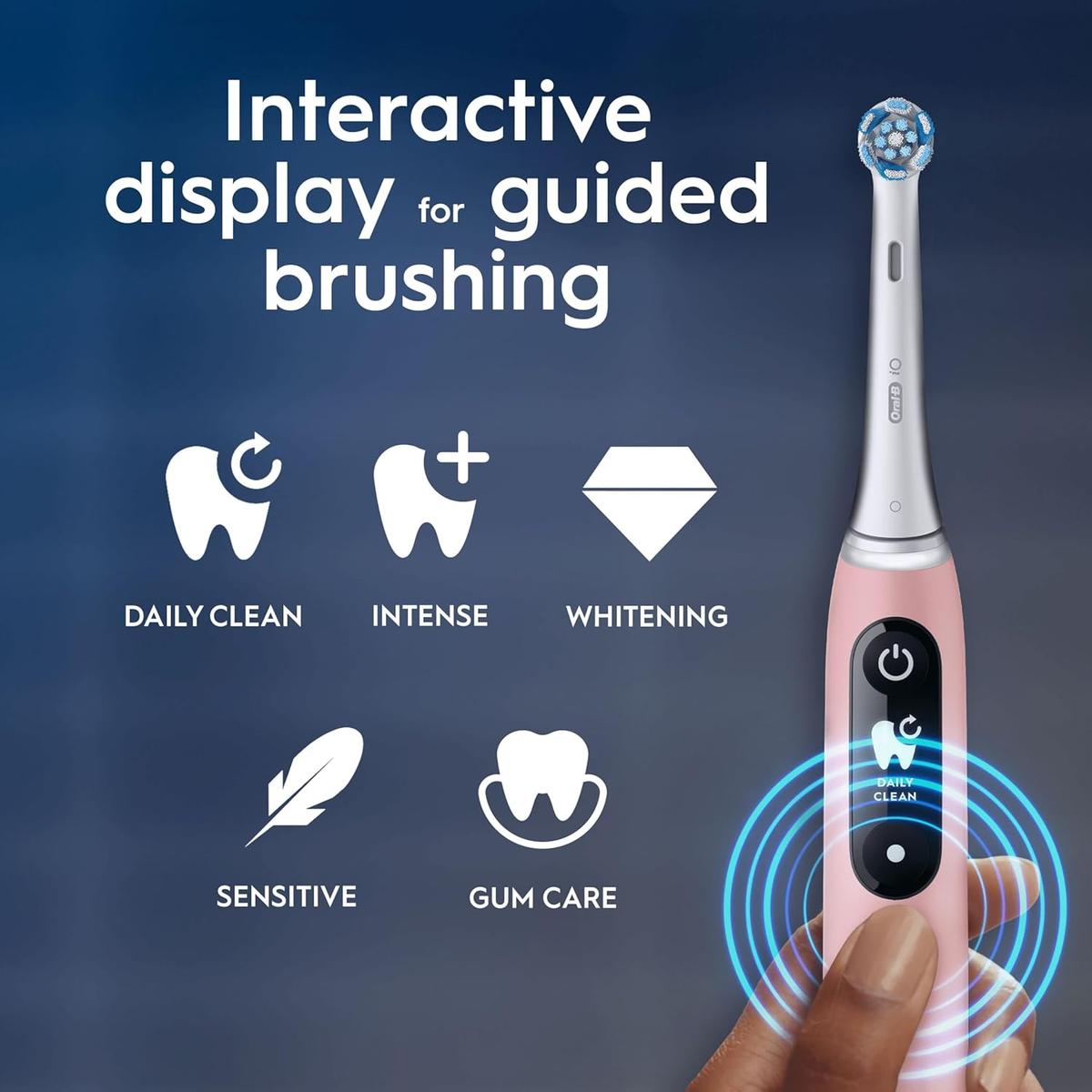 Pink Sand Oral-B iO6 electric toothbrush showing the interactive display, five brushing modes, and round brush head.