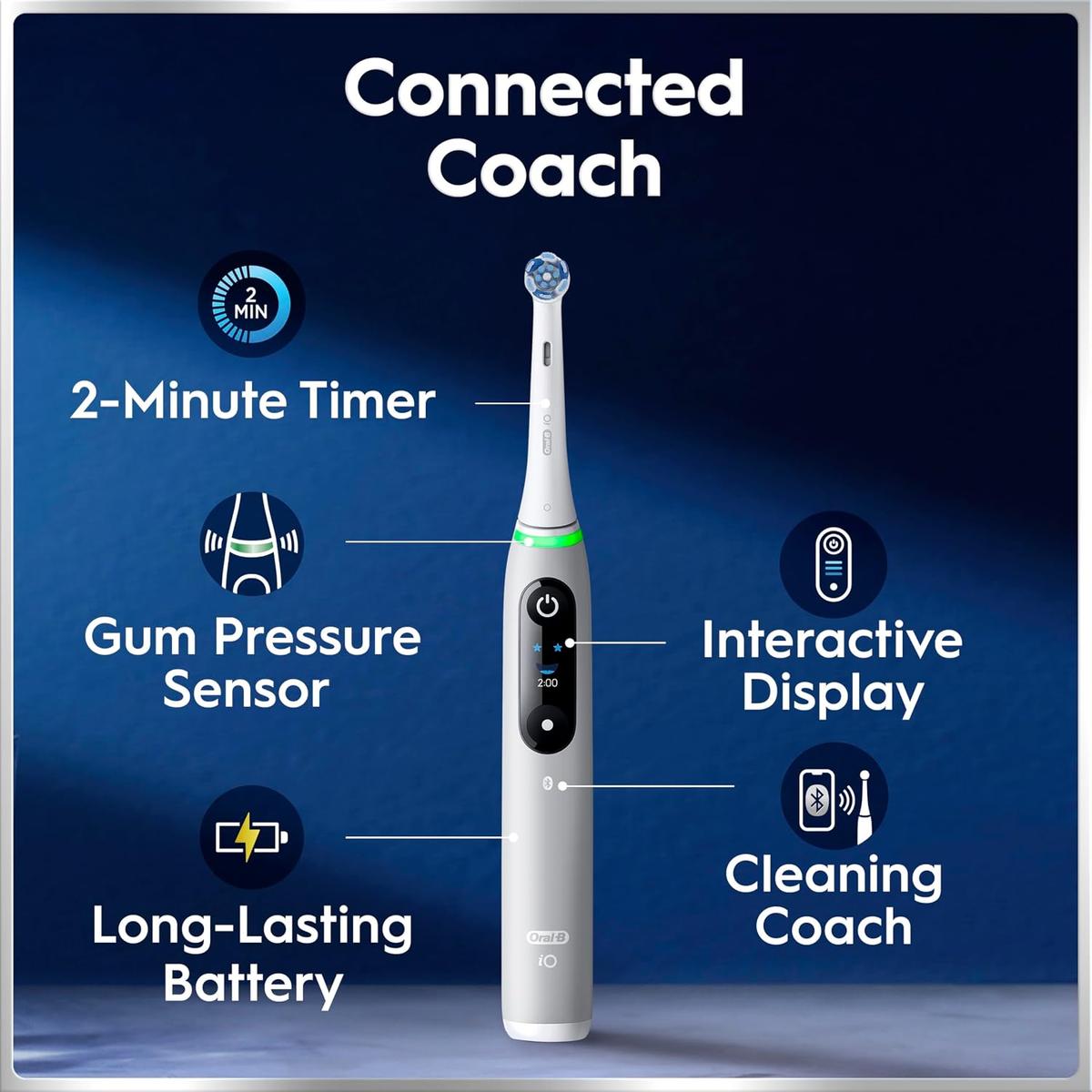 Grey Opal Oral-B iO6 electric toothbrush showing interactive display, pressure sensor, and app connectivity features.