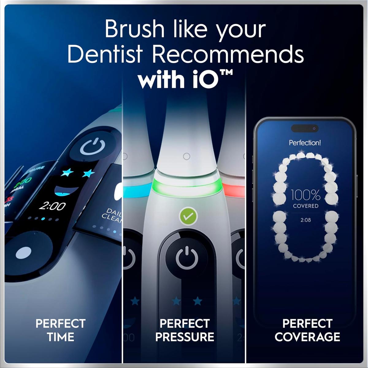 Grey Oral-B iO6 electric toothbrush showing interactive display, pressure sensor light, and connected app coverage tracking.