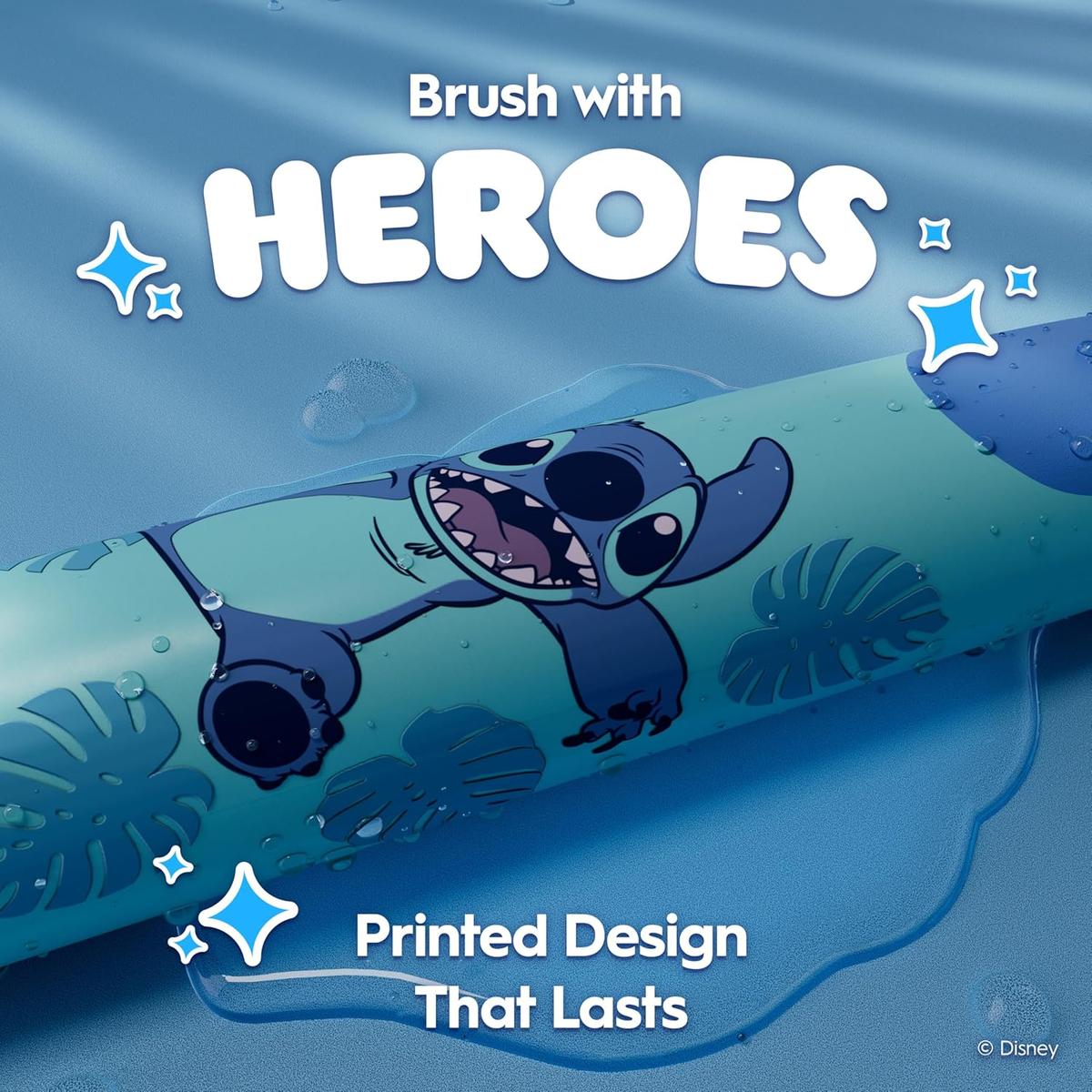 Blue Oral-B iO kids electric toothbrush handle featuring a Stitch character design and tropical leaf pattern.