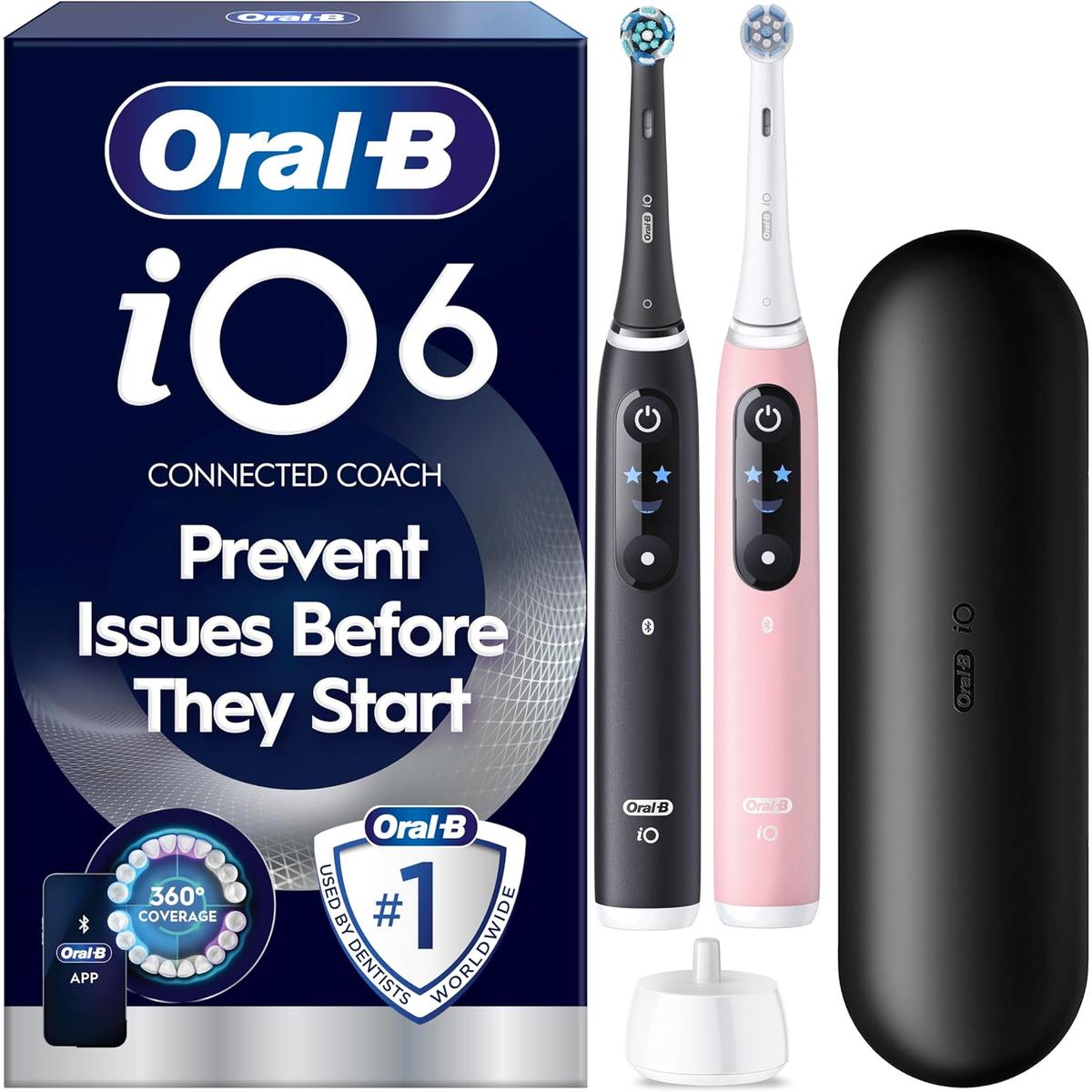 Oral-B iO6 electric toothbrush duo in Black Lava and Pink Sand with smart display, charging base, and travel case.