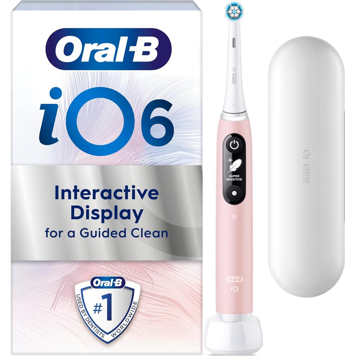 Oral-B iO6 Electric Toothbrushes , 1 Toothbrush Head & Travel Case, 5 Modes with Ultra-Sensitive, Sensitive Edition, UK 2 Pin Plug, Pink Sand