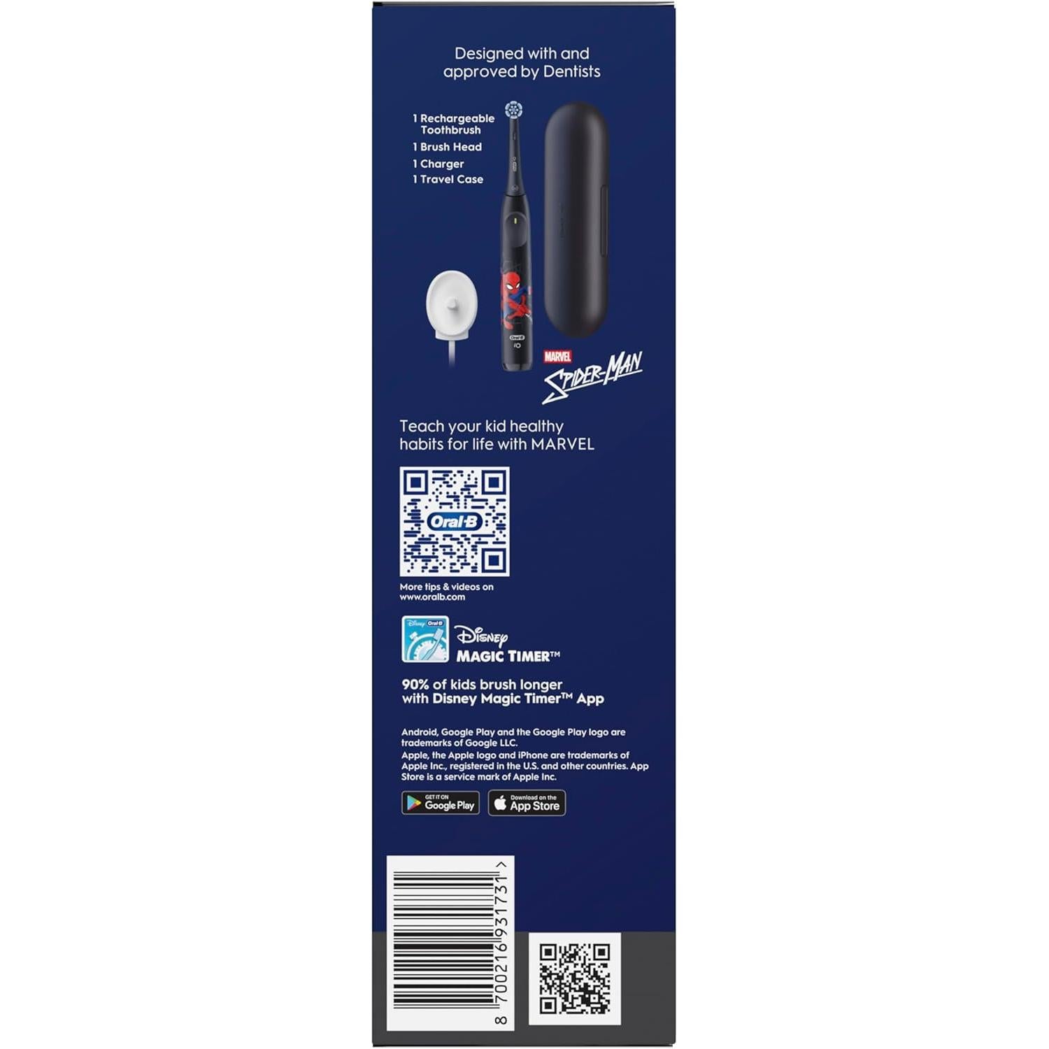 Oral-B iO Kids Marvel Spiderman Electric Toothbrush, with Travel Case, 3 Modes with Kid-Friendly Sensitive Mode, 2-Min Music Timer, for Ages 6+