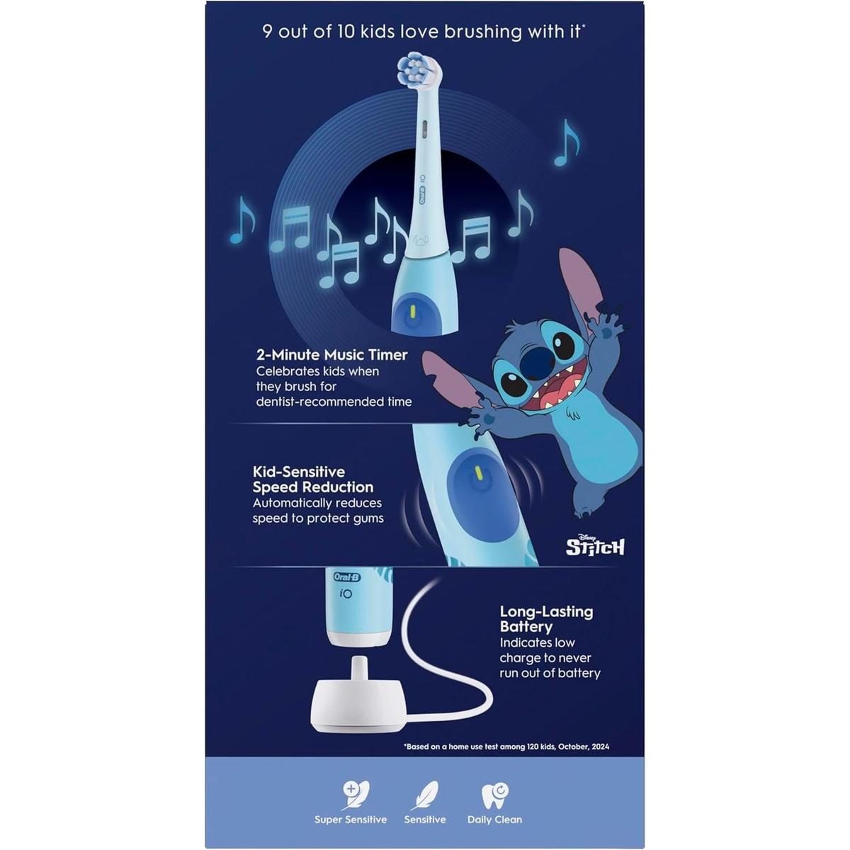 Oral-B iO Kids Stitch electric toothbrush with music timer, charging base, and three gentle brushing modes.