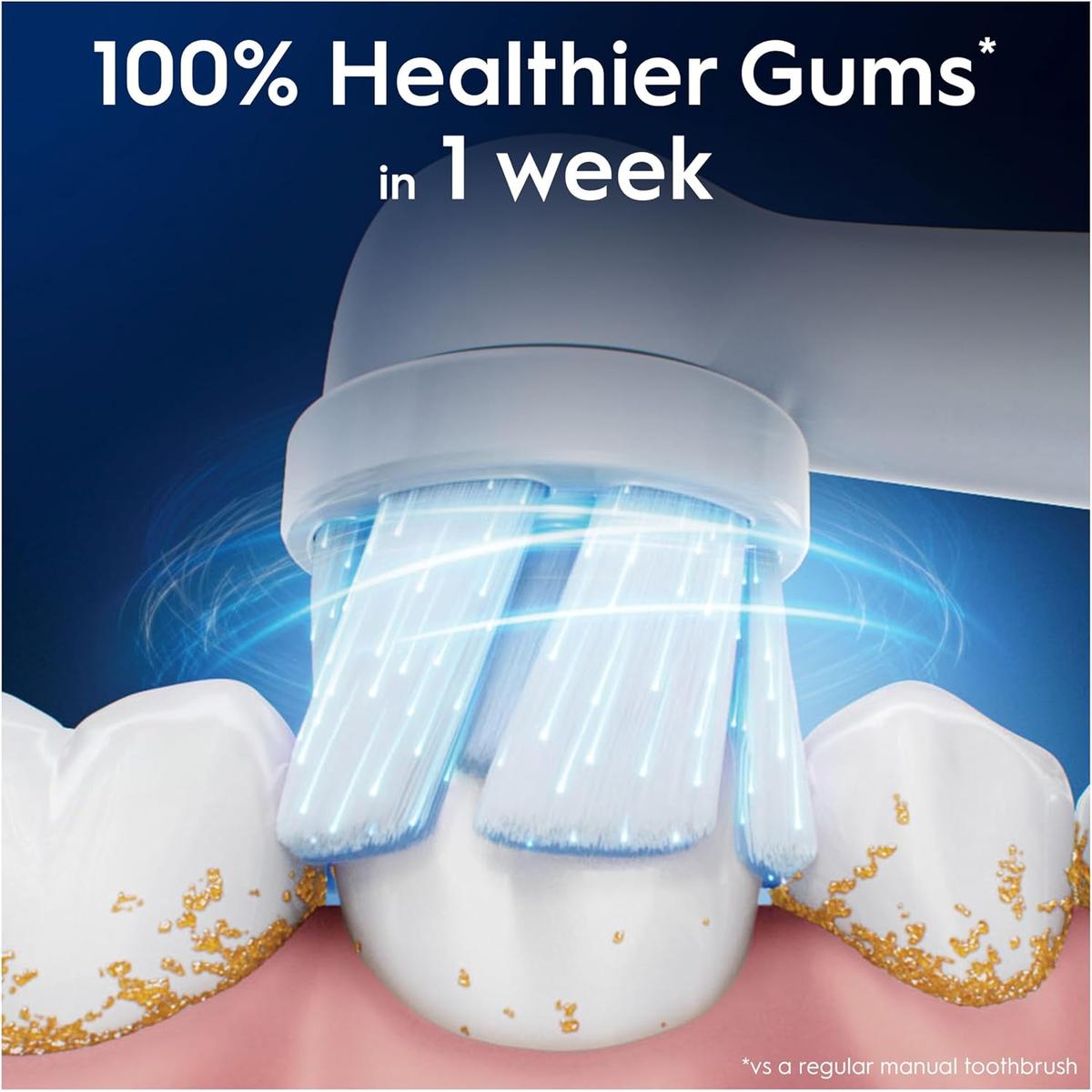 Oral-B iO round brush head cleaning teeth with soft white bristles and a blue light effect for gentle gum care.