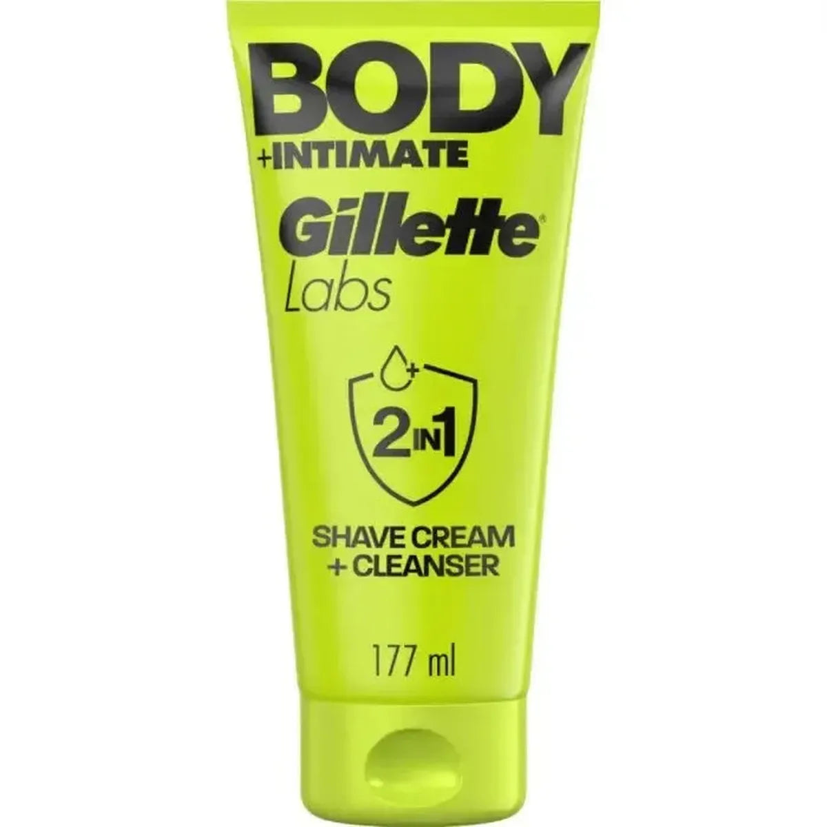 Bright lime green 177 ml tube of GilletteLabs Body + Intimate 2-in-1 shave cream and cleanser with black text.