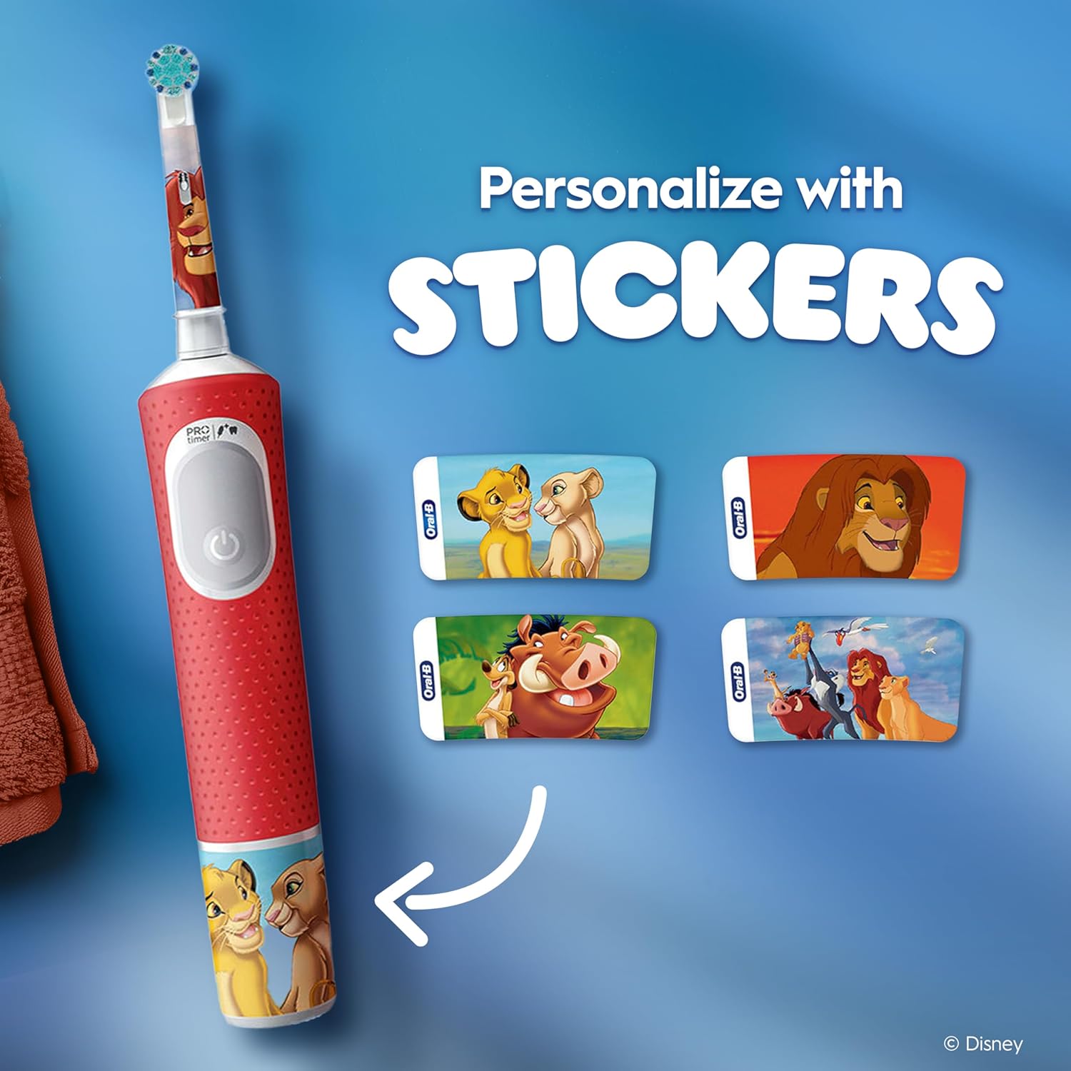 Oral-B Pro Lion King Kids Electric Toothbrush Extra Soft For Ages 3+ - Red - 4 x Lion King Stickers
