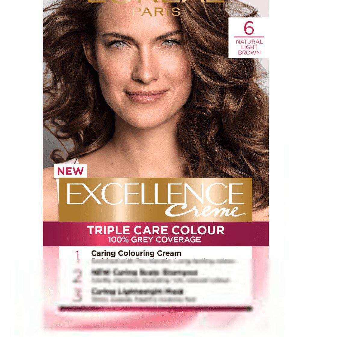 L'oreal Excellence Crème '6 Natural Light Brown' Permanent Hair Dye - Triple Care