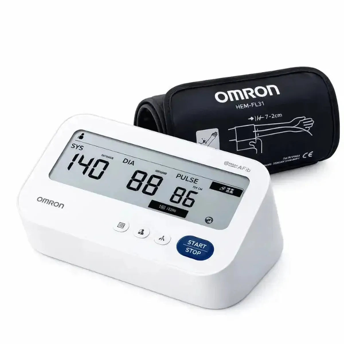 Omron M3 Comfort digital blood pressure monitor with white display unit and black Intelli Wrap arm cuff.