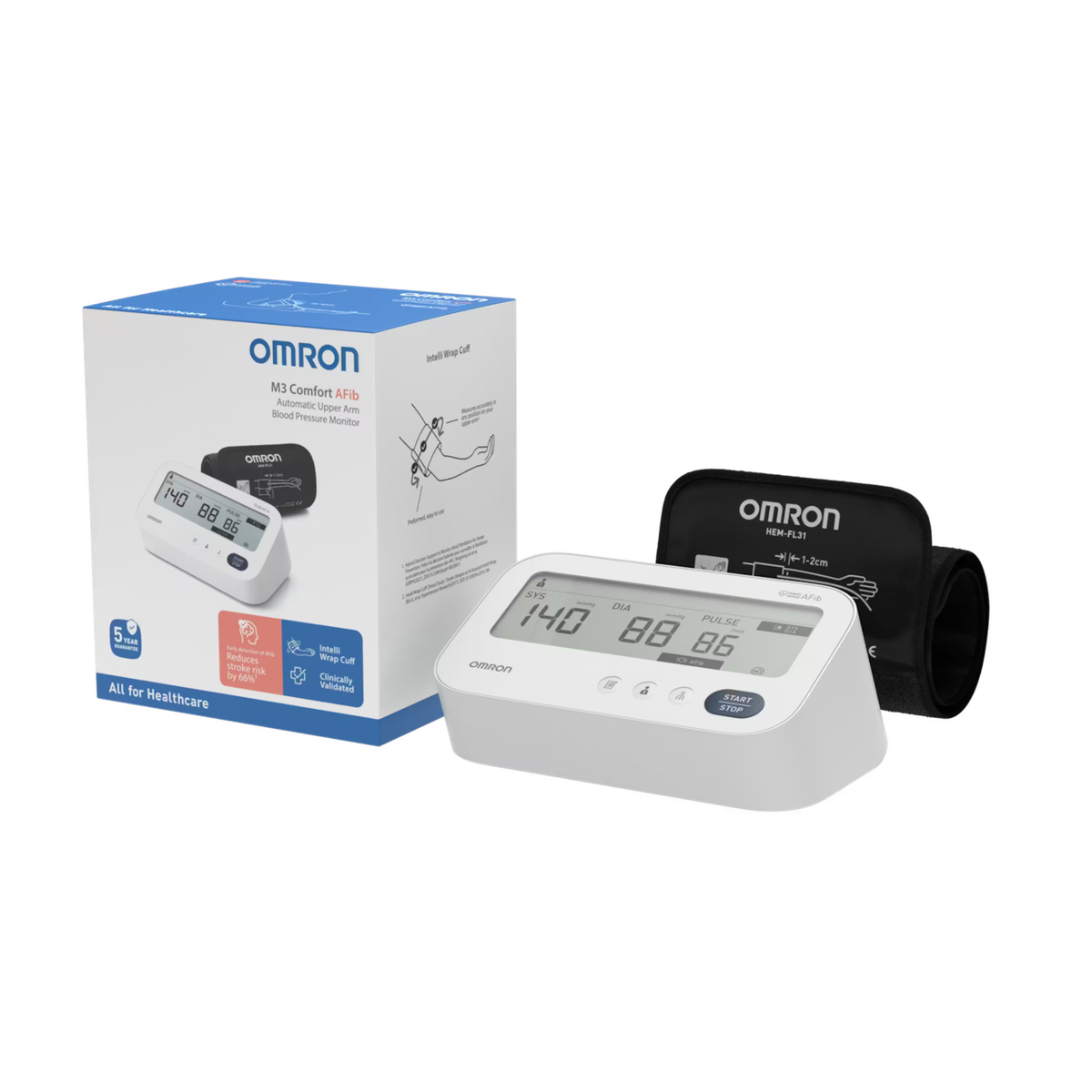 Omron M3 Comfort blood pressure monitor with white digital display unit and black Intelli Wrap arm cuff in packaging.