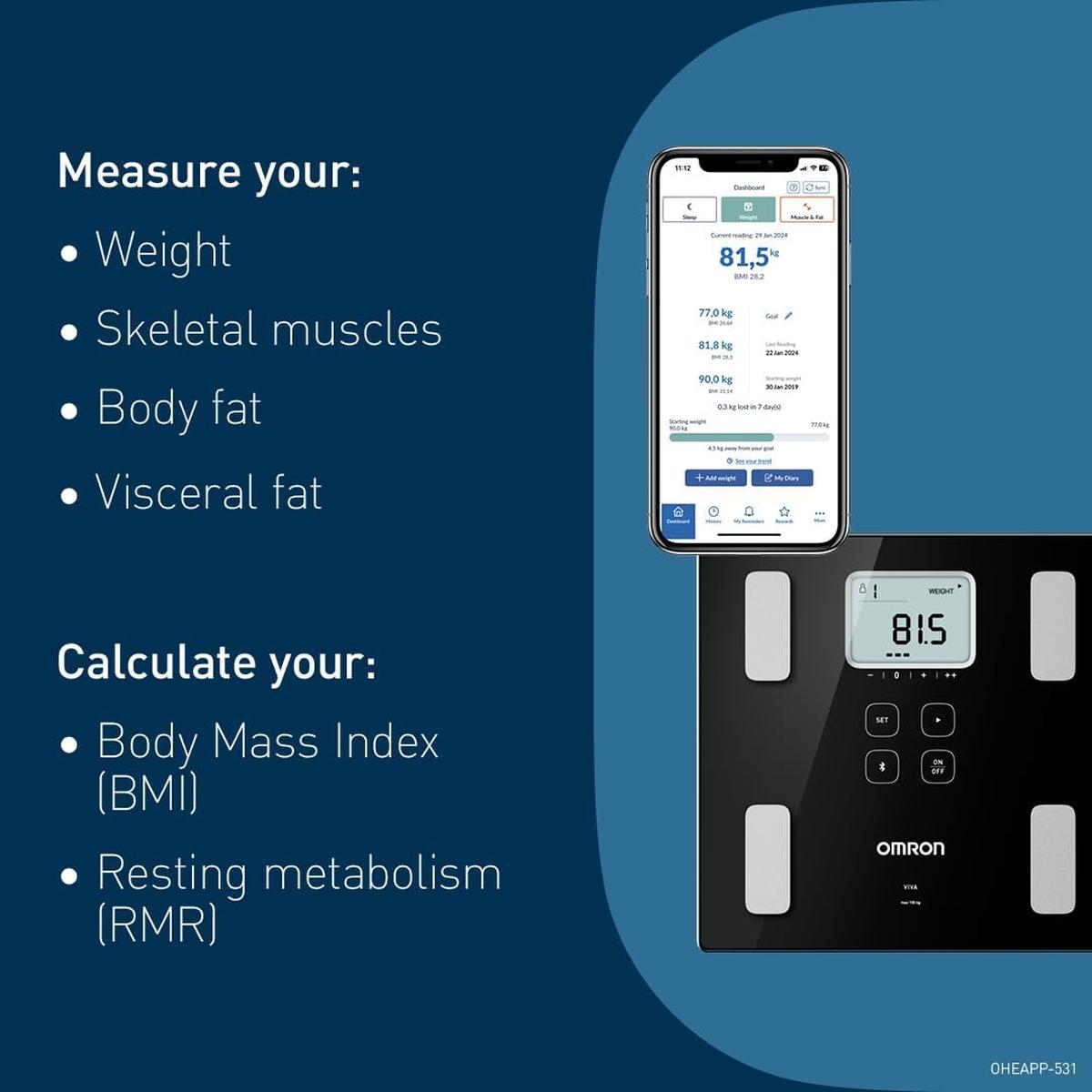 OMRON VIVA Bluetooth Smart Scale and Body Composition Monitor with Body Fat, Weight, Visceral Fat, Skeletal Muscle, Resting Metabolism, BMI - Healthxpress.ie