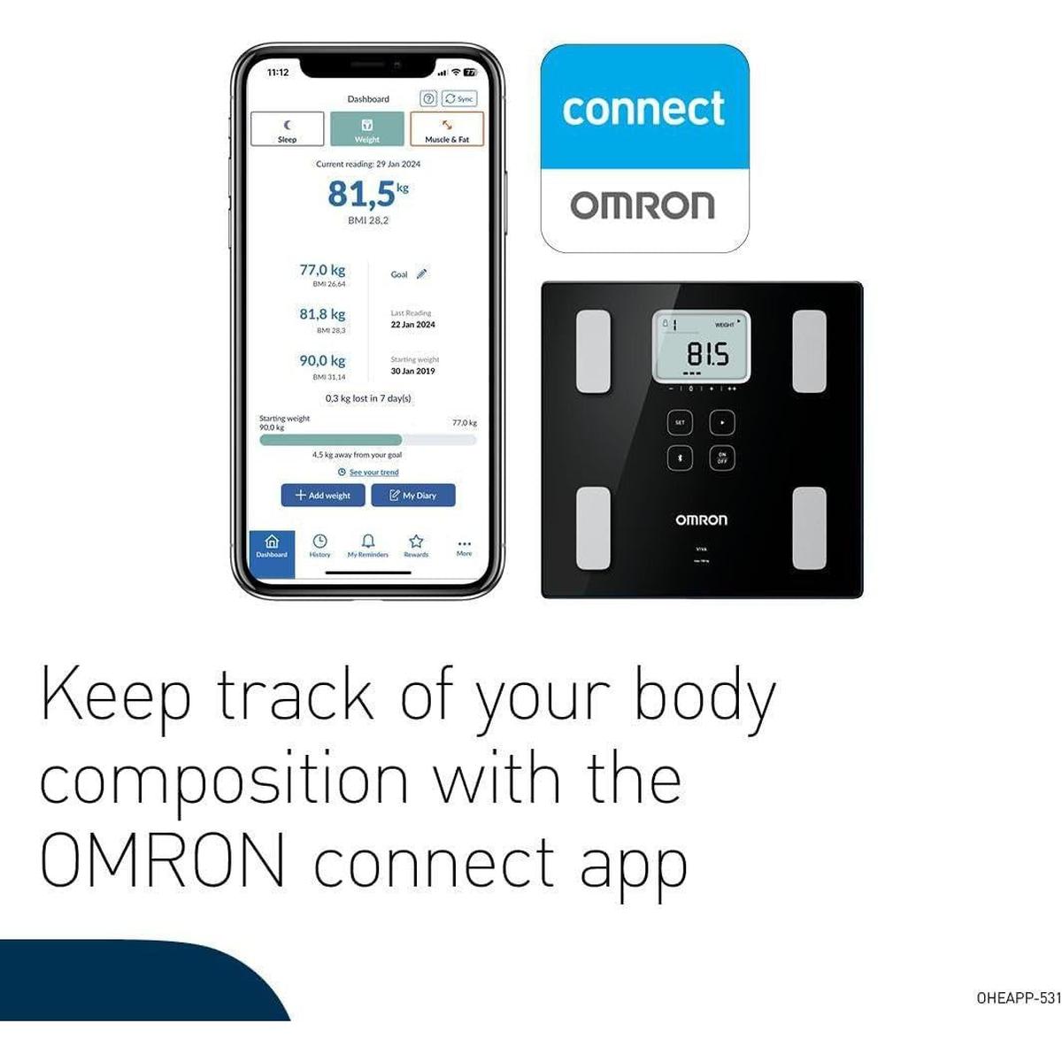 OMRON VIVA Bluetooth Smart Scale and Body Composition Monitor with Body Fat, Weight, Visceral Fat, Skeletal Muscle, Resting Metabolism, BMI - Healthxpress.ie