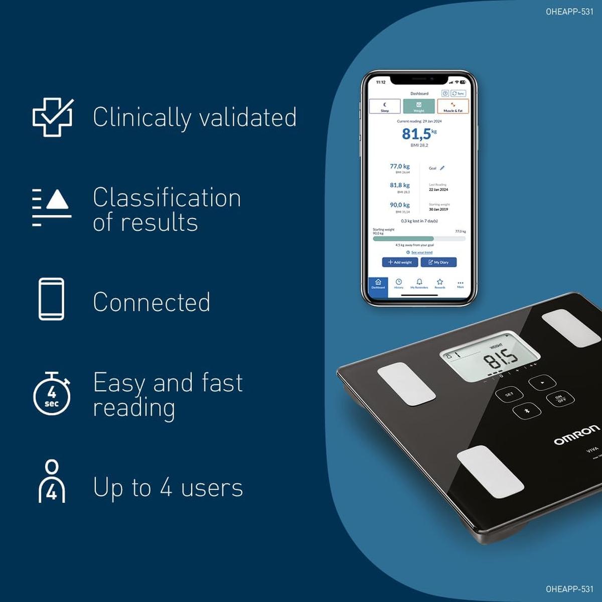 OMRON VIVA Bluetooth Smart Scale and Body Composition Monitor with Body Fat, Weight, Visceral Fat, Skeletal Muscle, Resting Metabolism, BMI - Healthxpress.ie