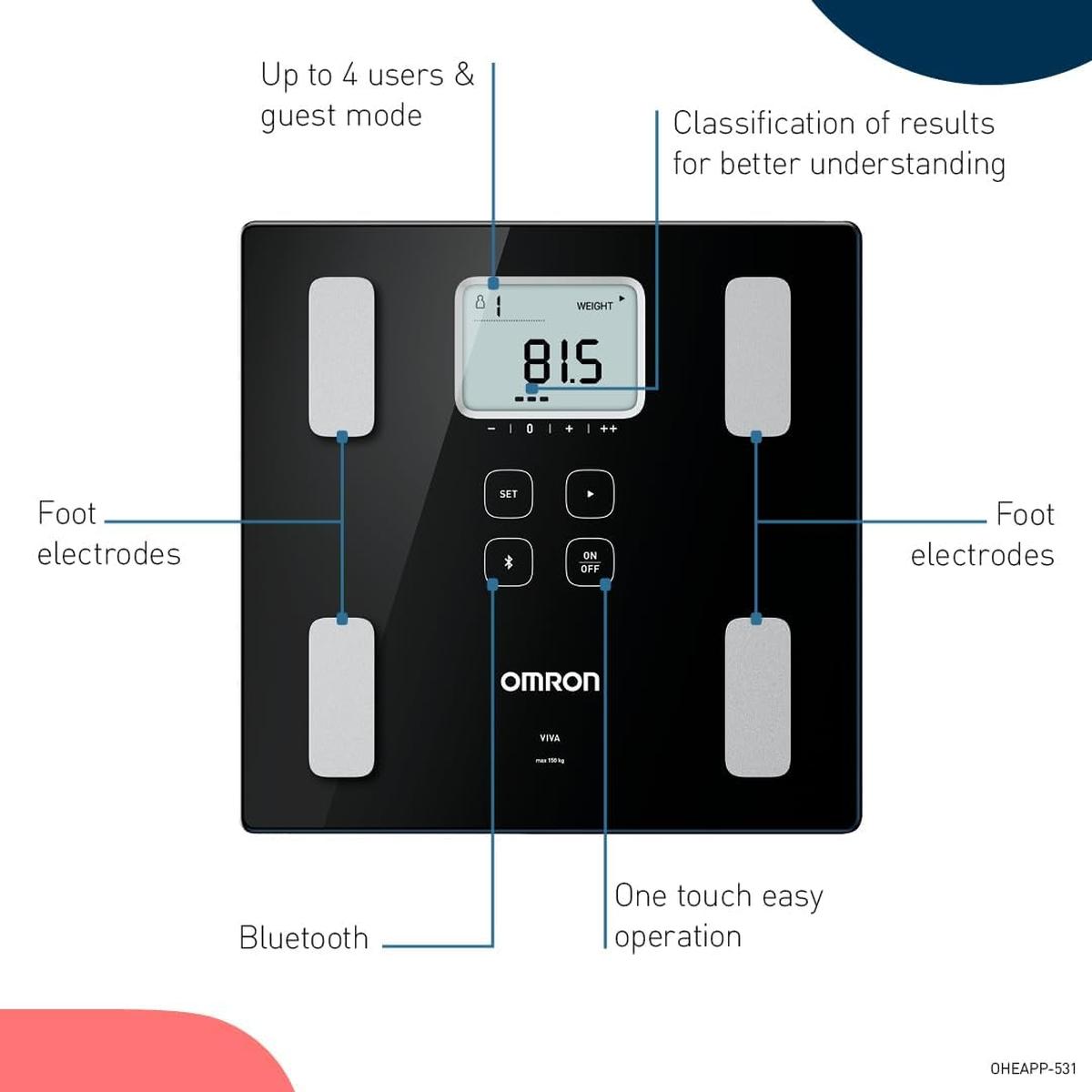 OMRON VIVA Bluetooth Smart Scale and Body Composition Monitor with Body Fat, Weight, Visceral Fat, Skeletal Muscle, Resting Metabolism, BMI - Healthxpress.ie