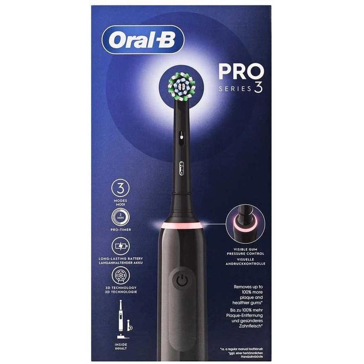 Black Oral-B Pro 3 electric toothbrush with round brush head, pressure sensor light, and 3 cleaning modes on product box.