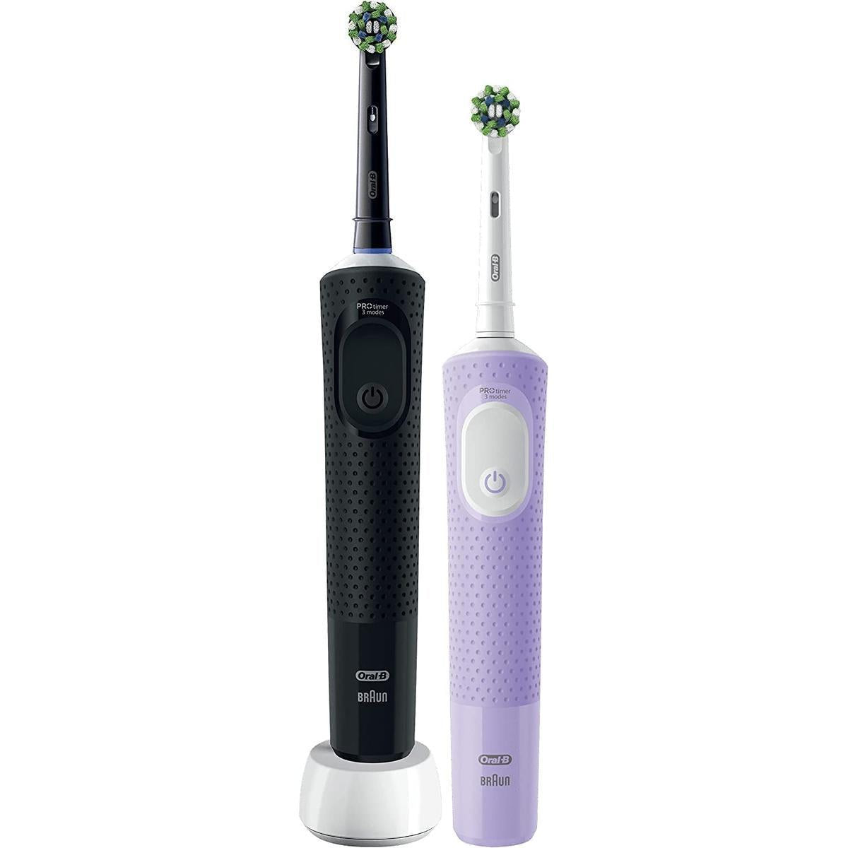 Oral-B Vitality Pro 2 x Electric Toothbrushes, 2 Toothbrush Heads, 3 Brushing Modes Including Sensitive Plus - Black & Purple - Healthxpress.ie