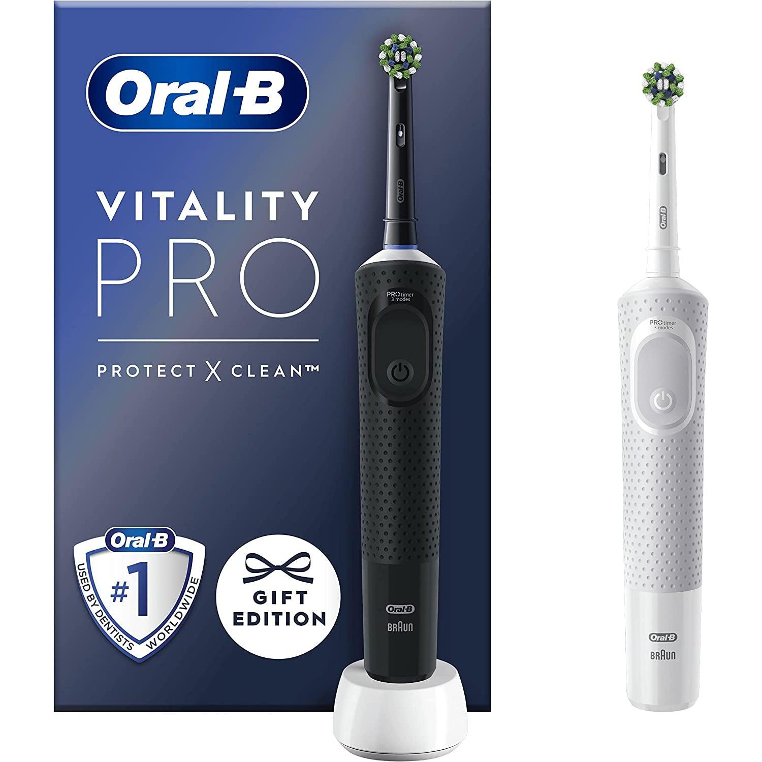 Oral-B Vitality Pro 2 x Electric Toothbrushes, 2 Toothbrush Heads, 3 Brushing Modes Including Sensitive Plus - Black & White - Healthxpress.ie