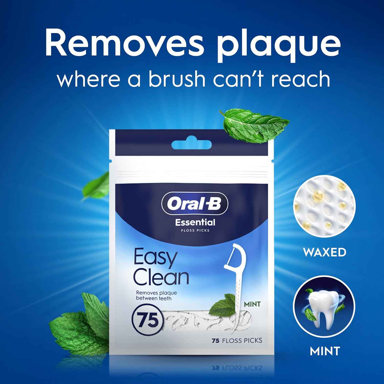 Oral-B Simply Clean Floss Picks - Remove Plaque - Interdental Flossing Sticks for Tight Spaces - Mint Flavour - 75 Sticks per Pack