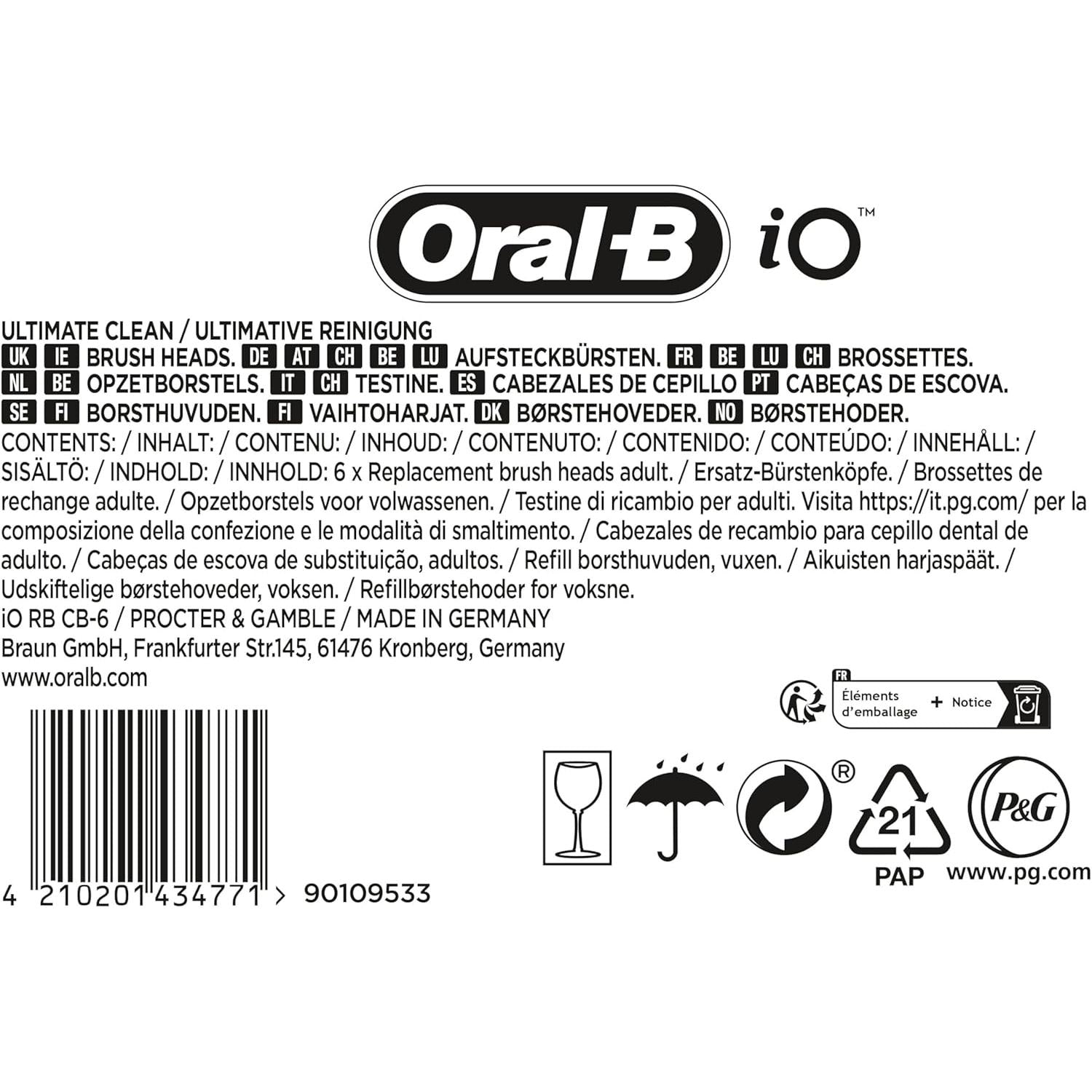 Oral-B iO 6pk Ultimate Clean Toothbrush Replacement Heads - Black Twisted & Angled Bristles for Deeper Plaque Removal