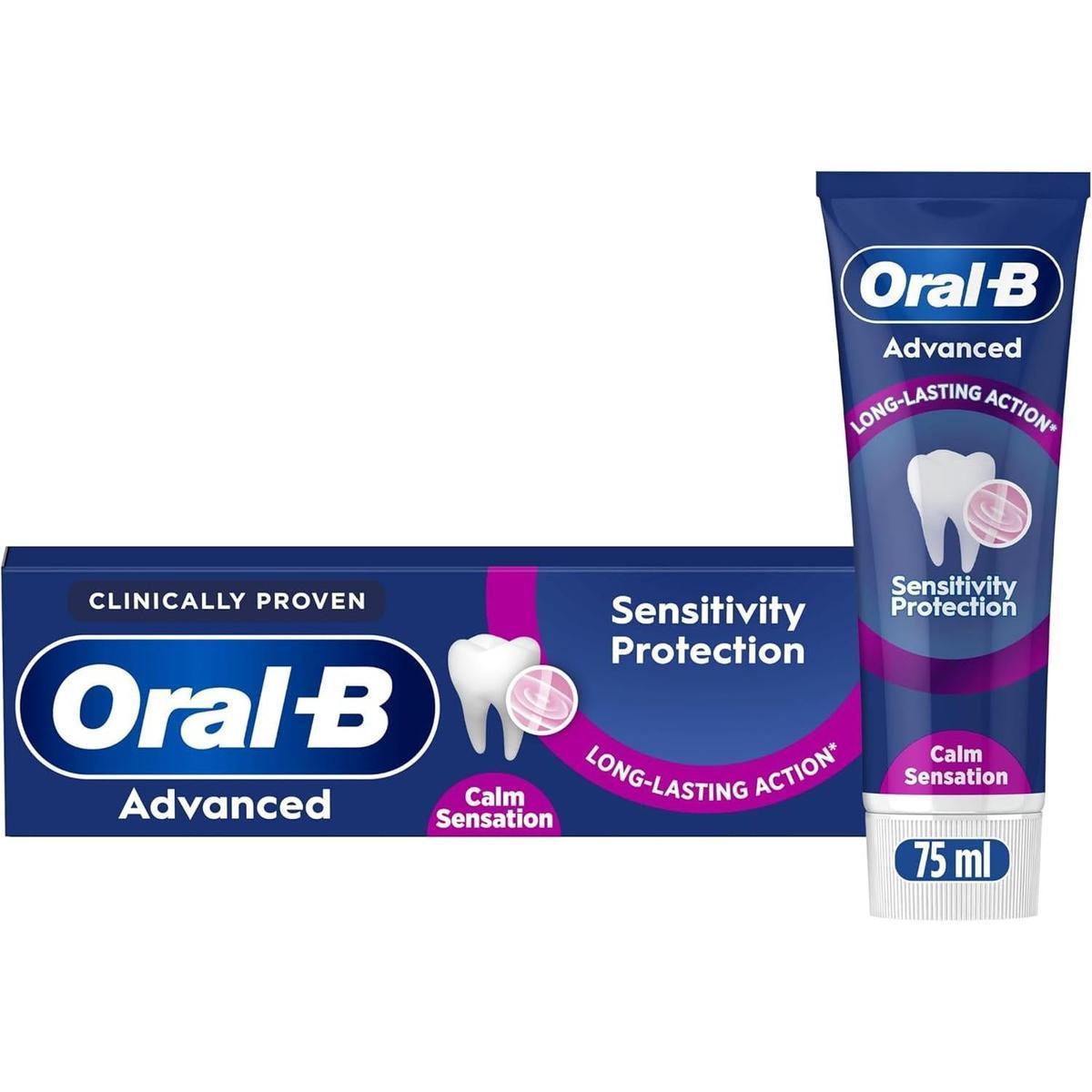 Oral-B Pro Expert Advanced Sensitivity Protection toothpaste tube and box in blue and purple, 75ml size.