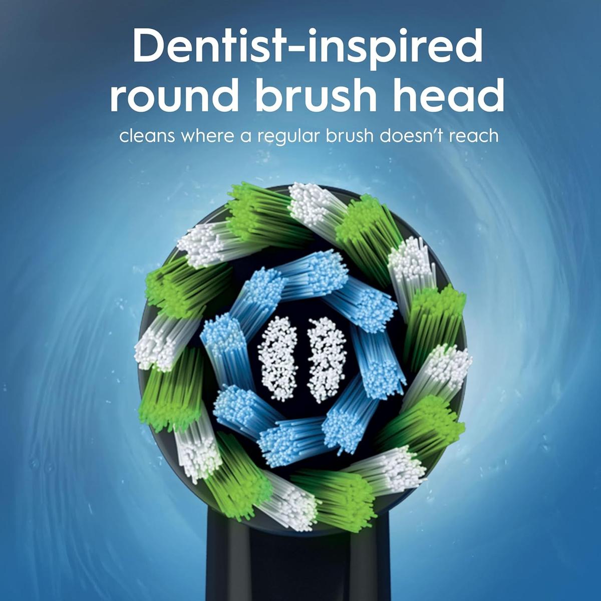 Oral-B round electric toothbrush head with green, blue, and white bristles for deep cleaning.