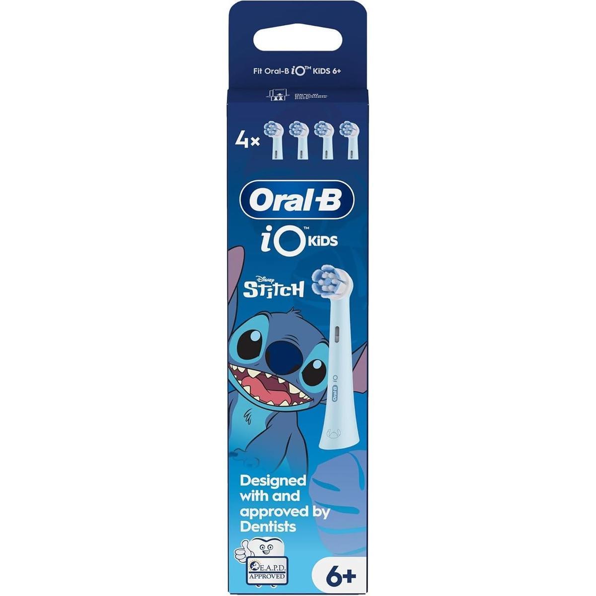 Oral-B iO Kids Marvel Stitch 4-pack electric toothbrush heads in blue packaging with soft bristles for ages 6+.