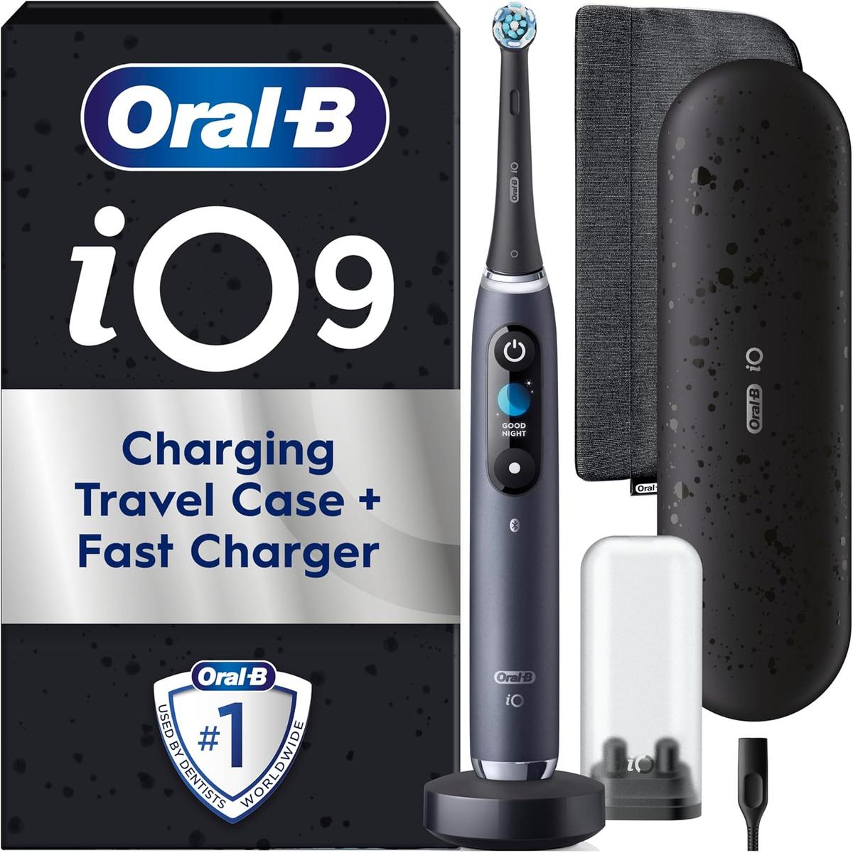 Black Onyx Oral-B iO9 electric toothbrush with interactive display, charging travel case, magnetic pouch, and charging base.
