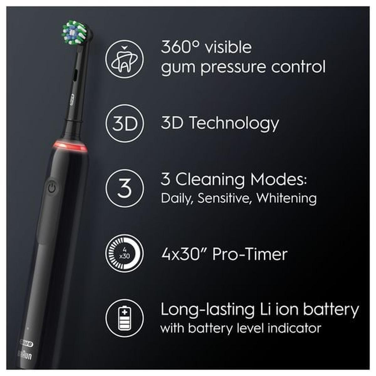 Black Oral-B Pro 3 electric toothbrush with round brush head and red pressure sensor light, highlighting five key features.