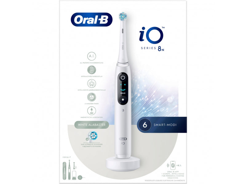 Oral-B iO8 Electric Toothbrush with 2 Replacement Toothbrush Heads, 6 Cleaning Modes Travel Case , White Alabaster