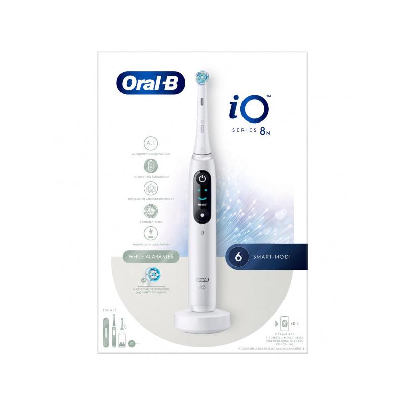 Oral-B iO8 Electric Toothbrush with 2 Replacement Toothbrush Heads, 6 Cleaning Modes Travel Case , White Alabaster