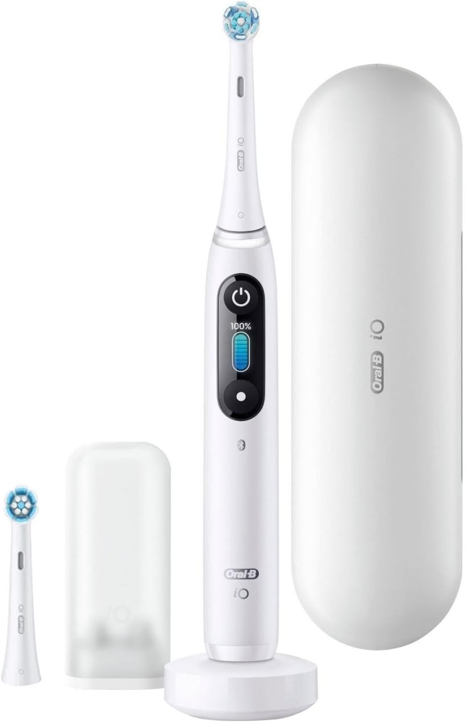 Oral-B iO8 Electric Toothbrush with 2 Replacement Toothbrush Heads, 6 Cleaning Modes Travel Case , White Alabaster