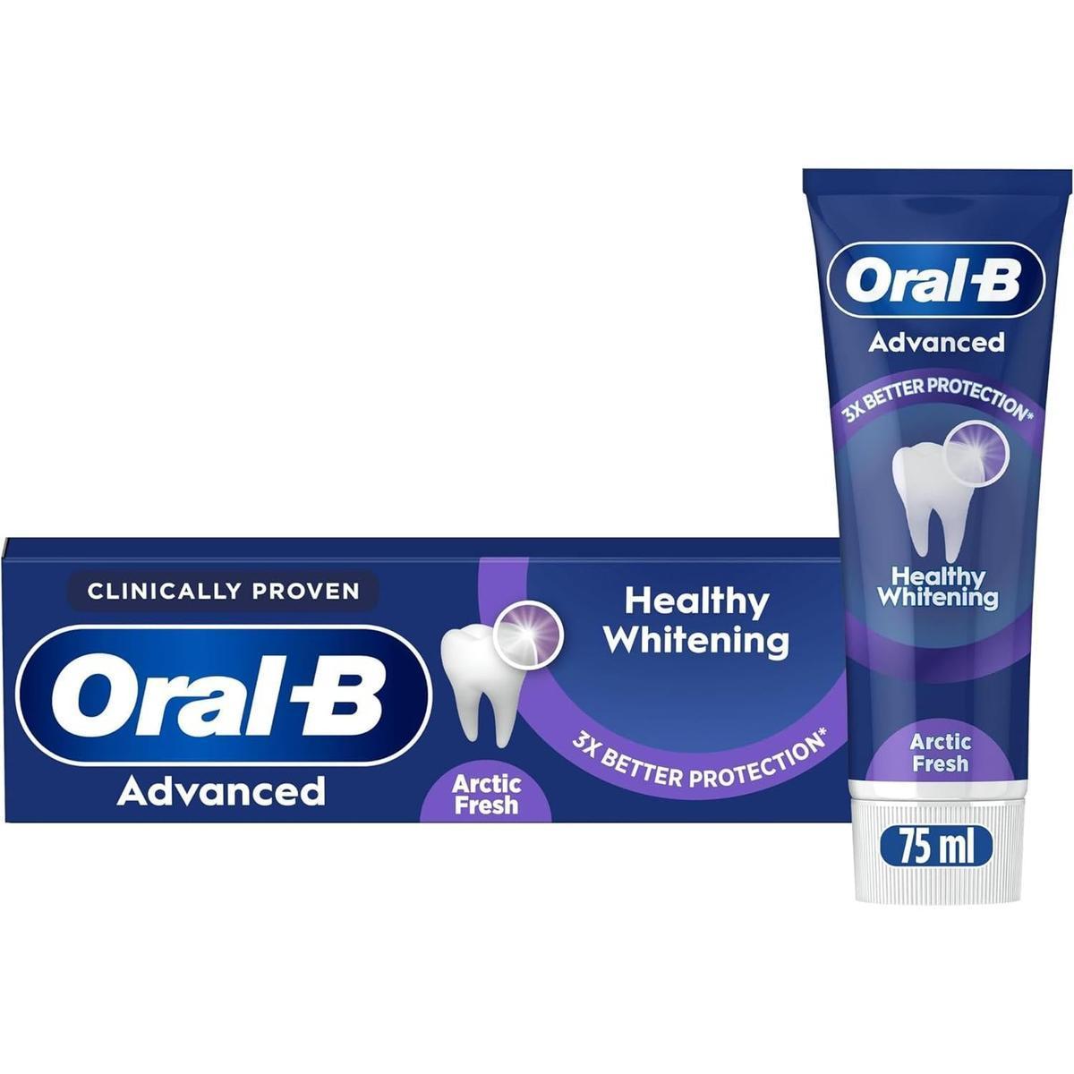Oral-B Pro Expert Advanced Whitening 75ml toothpaste tube and box in blue packaging with Arctic Fresh branding.