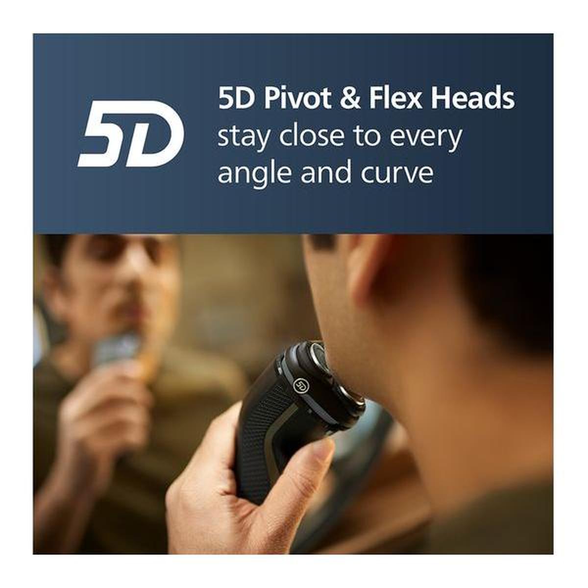 Black Philips Series 3000 rotary shaver with 5D Pivot and Flex heads being used to shave a man's face in a mirror.