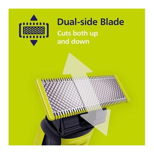 Philips OneBlade dual-sided shaver head with lime green trim against a bright green background showing bidirectional cutting.