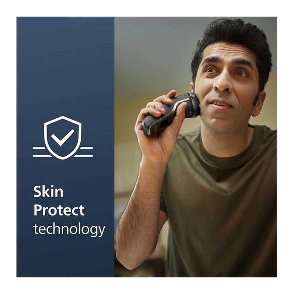 Man using a black Philips Series 3000 rotary shaver with 5D pivot heads for a comfortable shave on sensitive skin.