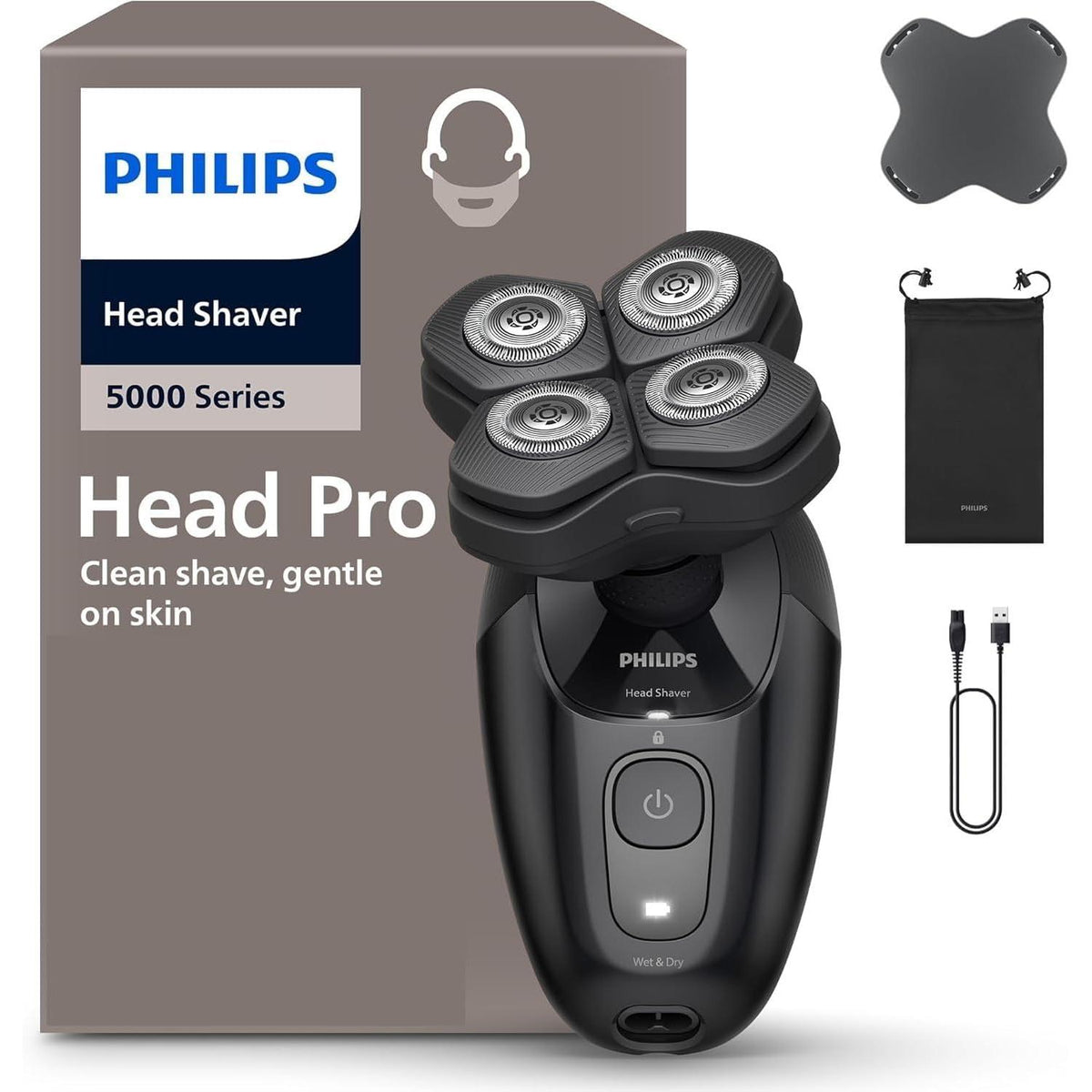 Philips Head Shaver Pro 5000 Series - Skull Shaver for Men and Women, 360° Flexing Head & ComfortCut Blades for Clean Shave, Gentle on Skin, Model HS5980/15