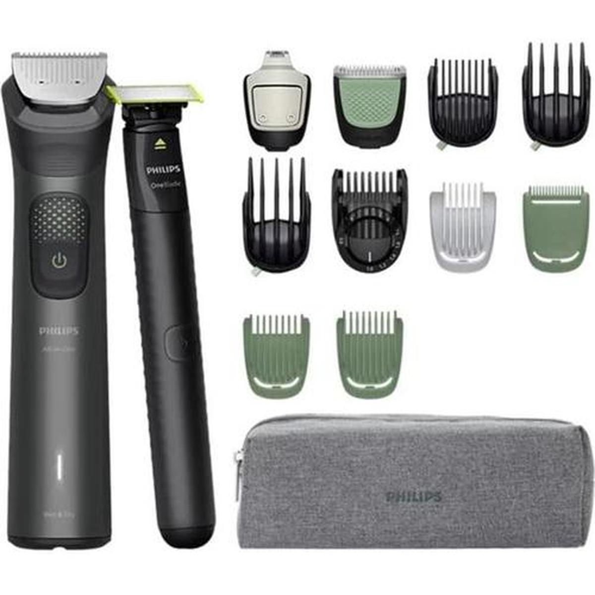Philips 9000 Series 15-in-1 trimmer and OneBlade set with various attachments and a grey storage pouch on white.