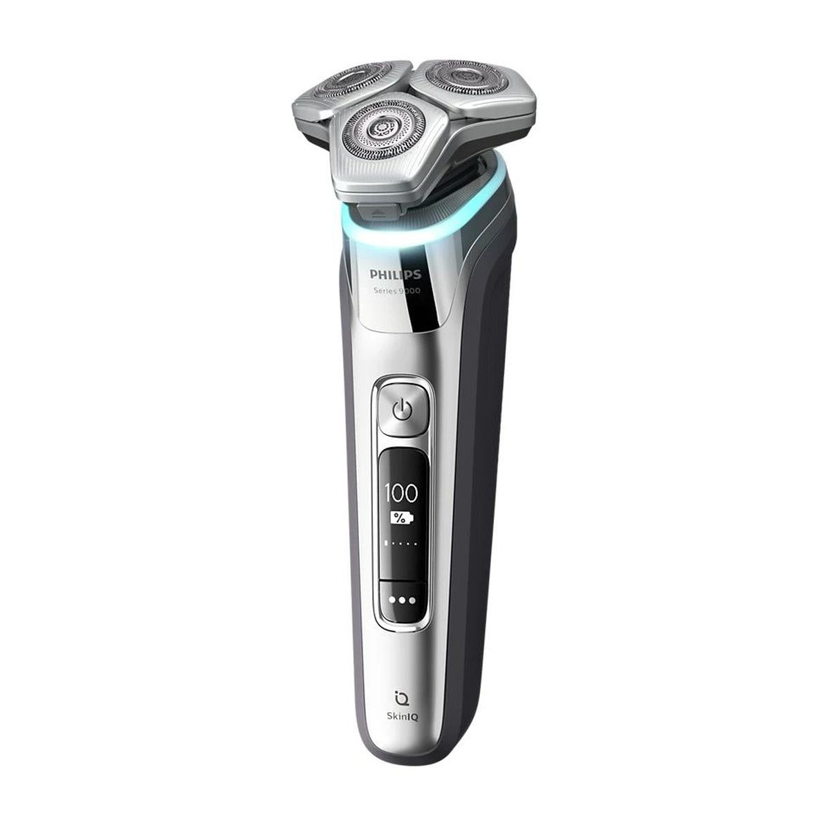 Philips Series 9000 electric shaver in silver and black with a digital display, three rotary heads, and glowing light ring.